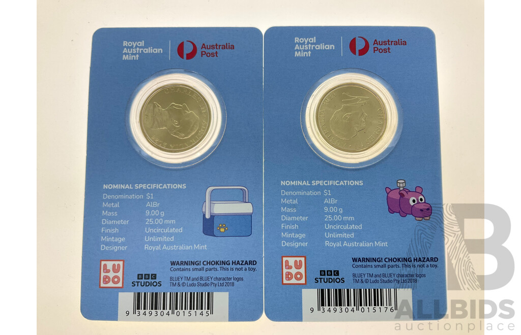Two Australian RAM 2024 Commemorative One Dollar Coins, Bluey and Friends Dollar Bucks, Both Privy Marked