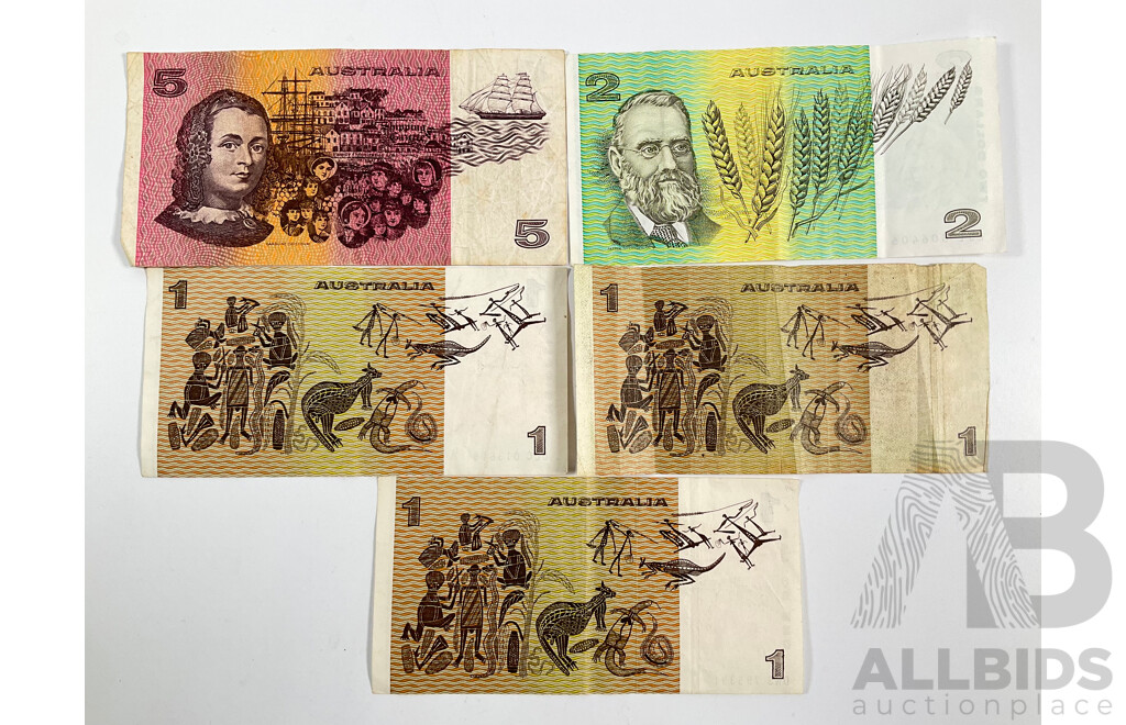 Five Australian Banknotes Including 1990 Five Dollars, Fraser/Higgins, 1985 Two Dollars, Johnston/Fraser, Three 1982 One Dollars Johnston/Stone