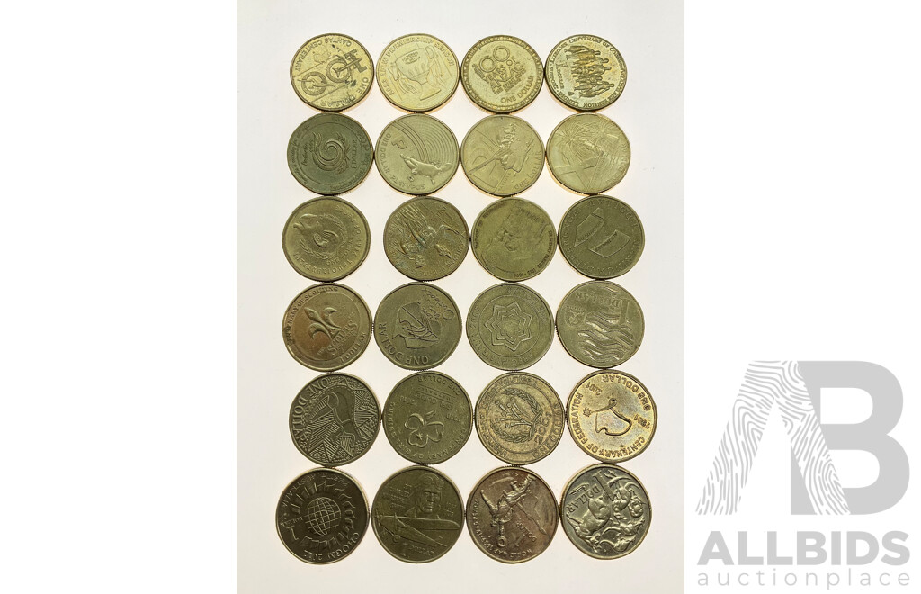 Twenty Three Australian Commemorative One Dollar Coins, No Doubles Including 2020 Qantas, 2001 Federation, 1993 Landcare, 1997 Kingsford Smith, 2010 Girl Guides, 2005 WW2 Peace, 2002 Outback, 1986 Year of Peace, 1988 Aboriginal Kangaroo..........