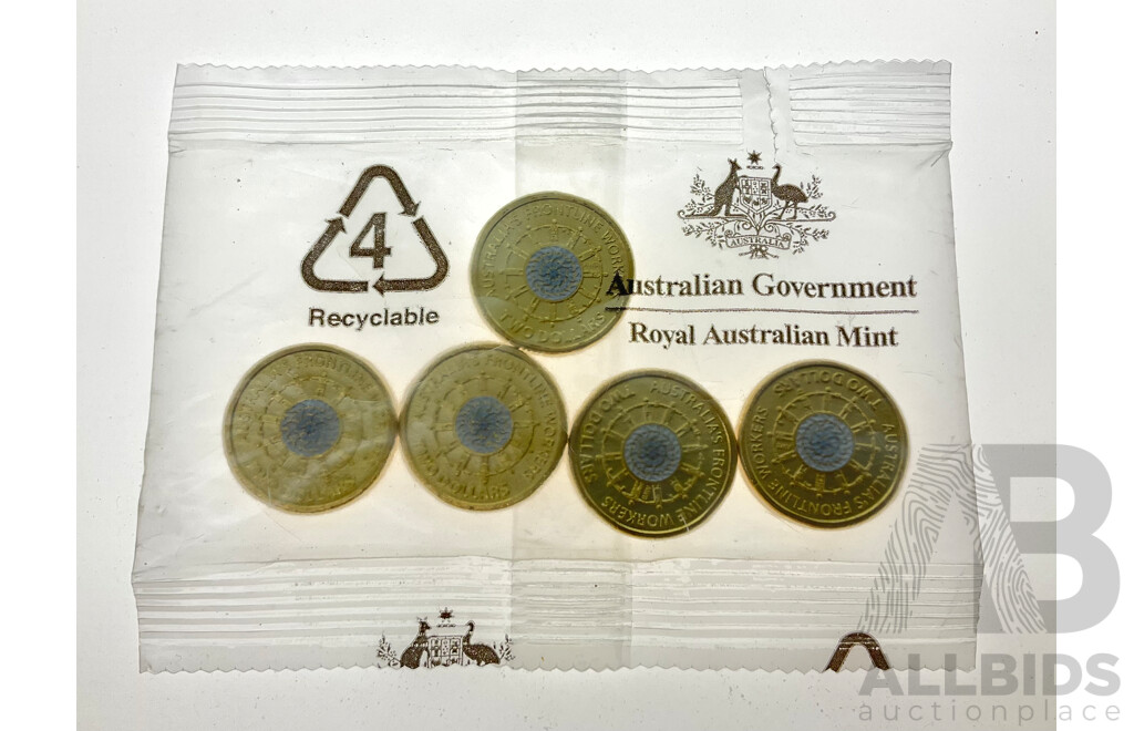 Five Australian RAM 2022 UNC Two Dollar Coins, Australia's Frontline Workers