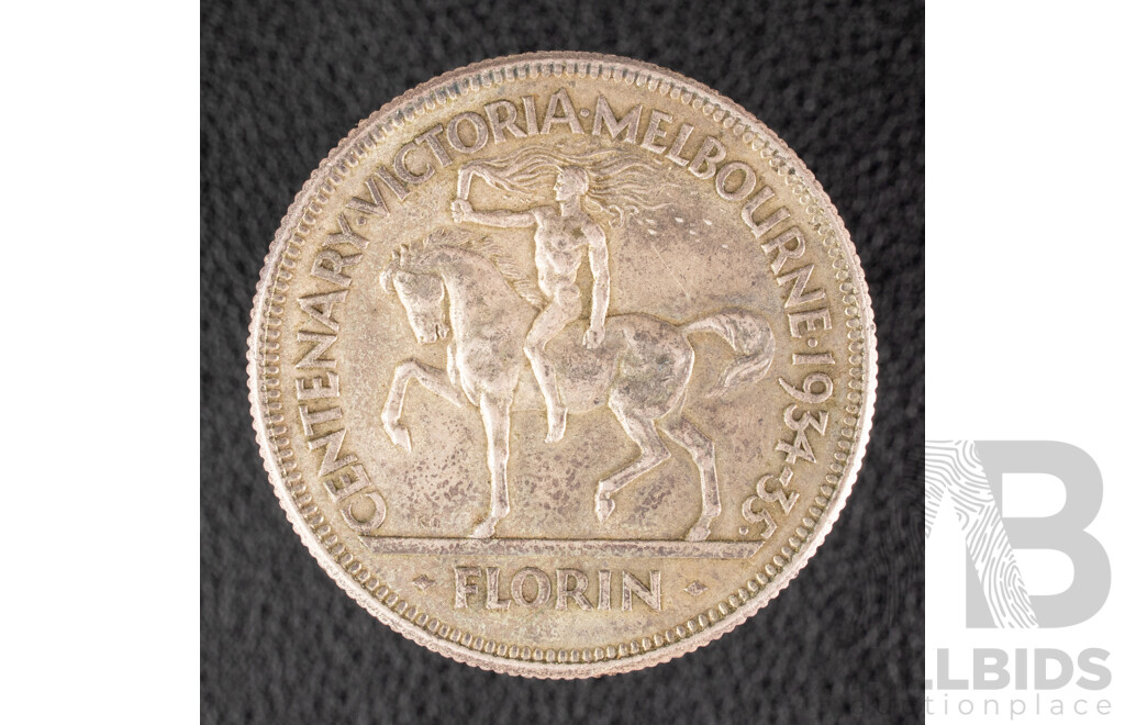 Rare Australian 1934-35 Silver KGV Florin, Commemorative Victoria Centenary .925