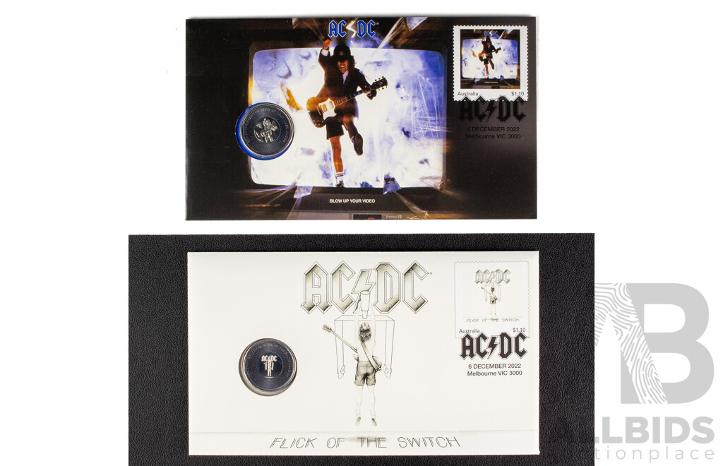 Two Australian 2022 AC/DC PNCs, Flick of the Switch and Blow Up Your Video