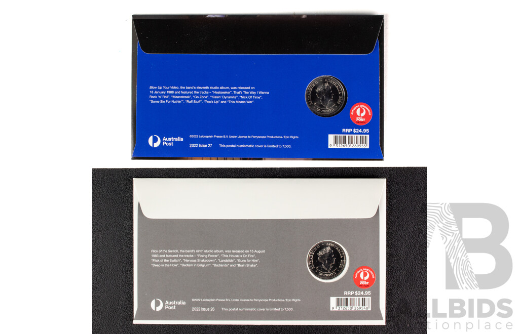 Two Australian 2022 AC/DC PNCs, Flick of the Switch and Blow Up Your Video