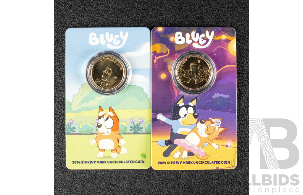 Two Australian RAM 2024 Commemorative One Dollar Coins, Bluey and Friends Dollar Bucks, Both Privy Marked