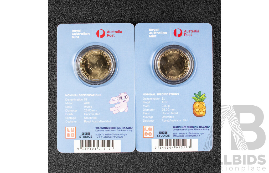 Two Australian RAM 2024 Commemorative One Dollar Coins, Bluey and Friends Dollar Bucks, Both Privy Marked