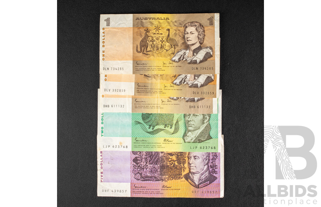 Five Australian Banknotes Including 1985 Five and Two Dollars, Johnston/Fraser, Three 1982 One Dollars Johnston/Stone