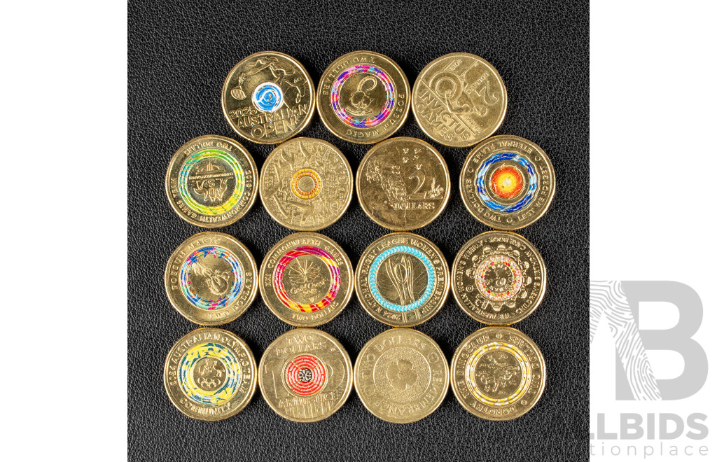 Fifteen Australian Commemorative Two Dollar Coins Including 2016 Fifty Years Decimal Currency 2018 Armistice, 2012 Remembrance, 2025 Australia Open, 2025 Women's Weekly, 2015 Flanders Field, 2018 INVICTUS......................