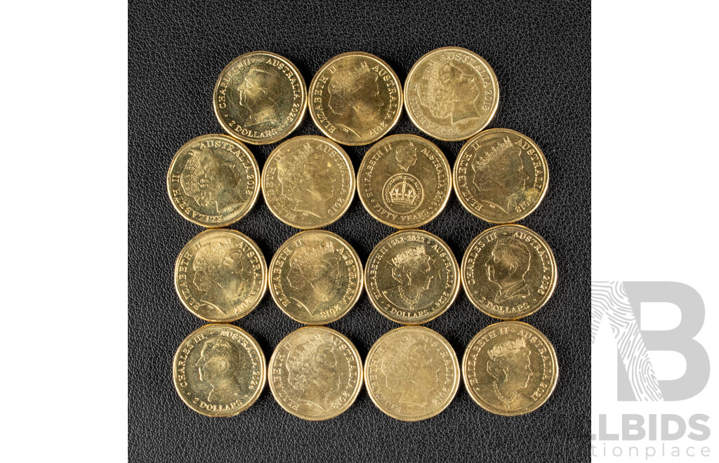 Fifteen Australian Commemorative Two Dollar Coins Including 2016 Fifty Years Decimal Currency 2018 Armistice, 2012 Remembrance, 2025 Australia Open, 2025 Women's Weekly, 2015 Flanders Field, 2018 INVICTUS......................