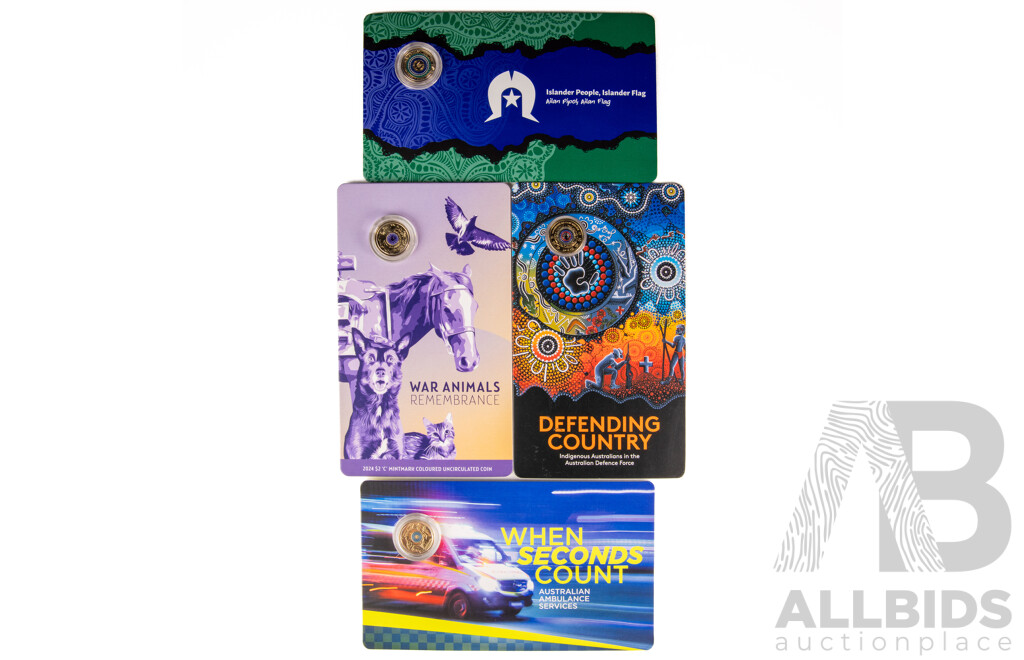 Four Australian RAM Commemorative Two Dollar Coins Including 2021 Australian Ambulance Services, 2021 Australian Indigenous Military Service, 2024 War Animals Remembrance, 2025 Torres Strait Islander Flag, C Mint Mark