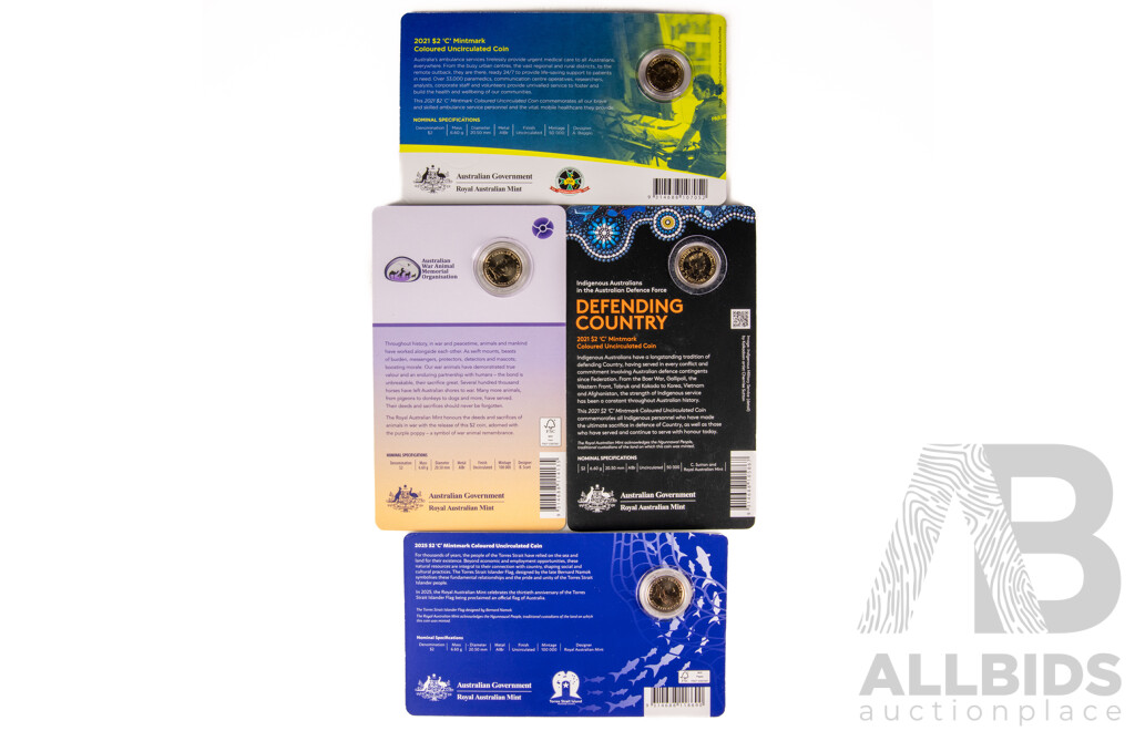 Four Australian RAM Commemorative Two Dollar Coins Including 2021 Australian Ambulance Services, 2021 Australian Indigenous Military Service, 2024 War Animals Remembrance, 2025 Torres Strait Islander Flag, C Mint Mark