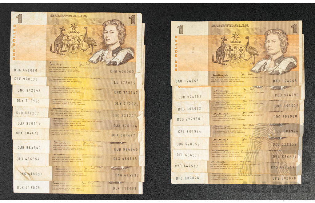 Twenty Australian One Dollar Banknotes Including Eight 1979 Knight/Stone R77 and Twelve 1982 Johnston/Stone R78, One Last Prefix DPS 802078, R78l