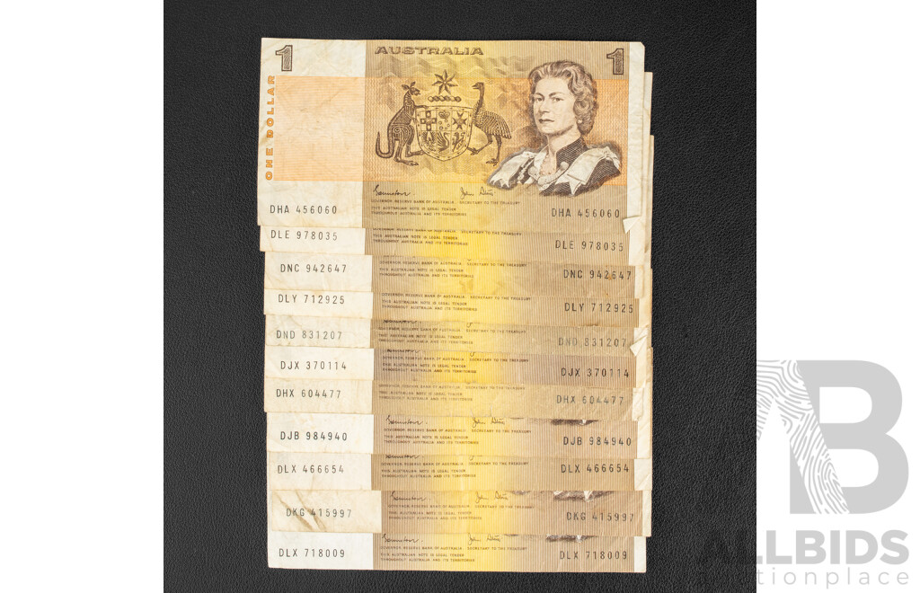 Twenty Australian One Dollar Banknotes Including Eight 1979 Knight/Stone R77 and Twelve 1982 Johnston/Stone R78, One Last Prefix DPS 802078, R78l