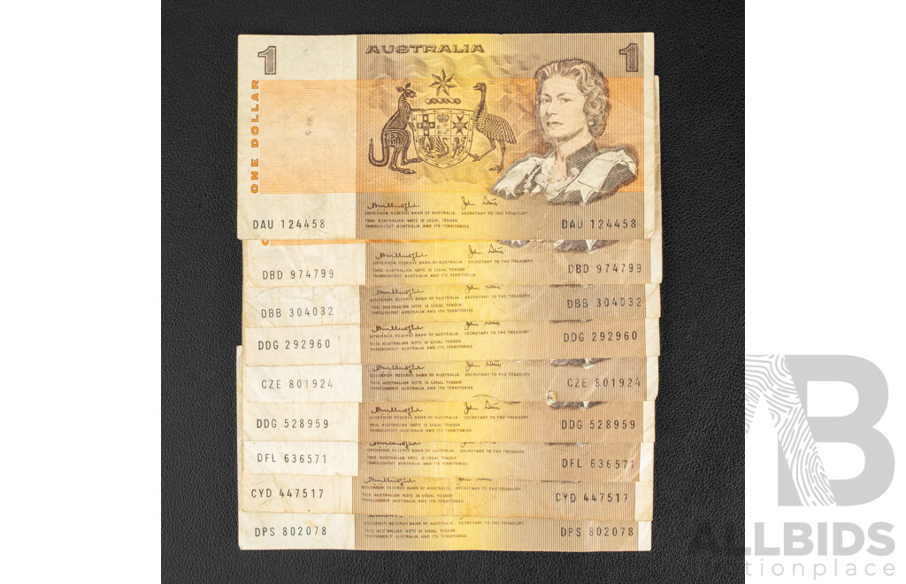 Twenty Australian One Dollar Banknotes Including Eight 1979 Knight/Stone R77 and Twelve 1982 Johnston/Stone R78, One Last Prefix DPS 802078, R78l