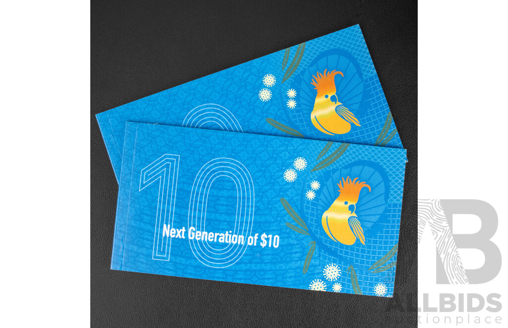 Two Australian RBA 2017 Next Generation Ten Dollar Notes, Lowe/Fraser, BF170629999 and BF17063001