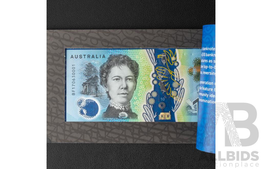 Two Australian RBA 2017 Next Generation Ten Dollar Notes, Lowe/Fraser, BF170629999 and BF17063001