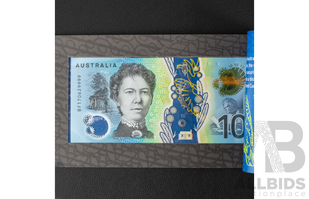 Two Australian RBA 2017 Next Generation Ten Dollar Notes, Lowe/Fraser, BF170629999 and BF17063001