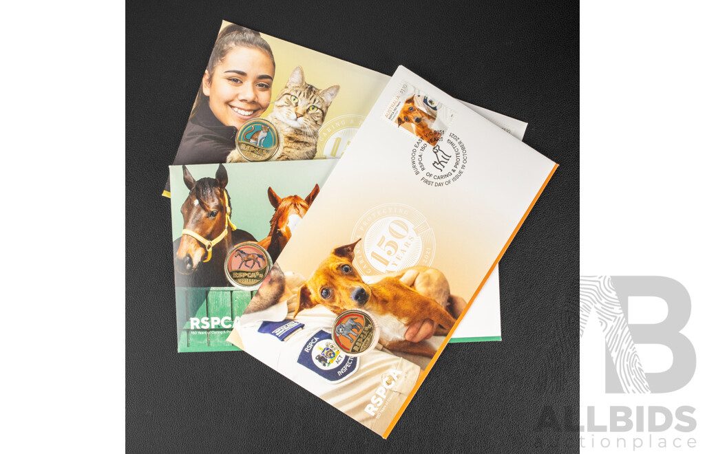 Three Australian 2021 Coloured One Dollar PNCs, RSPCA 150 Years, Shelter, Protection, Advocacy