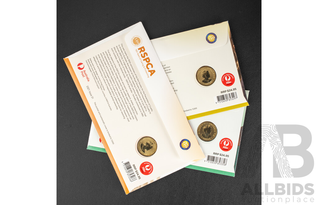 Three Australian 2021 Coloured One Dollar PNCs, RSPCA 150 Years, Shelter, Protection, Advocacy