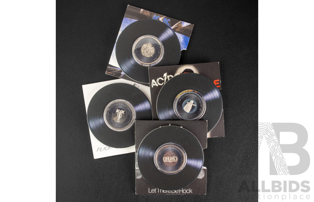Four Australian RAM 2022/23 AC/DC Commemorative Twenty Cent Coins, Let There Be Rock, Flick the Switch, Blow Up Your Video, Powerage