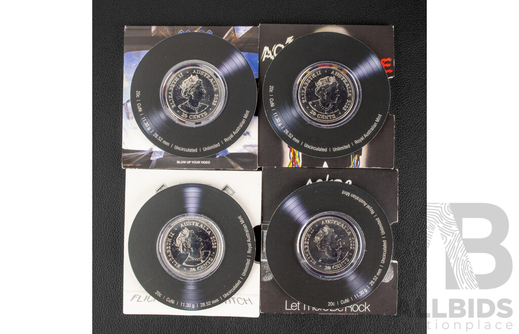 Four Australian RAM 2022/23 AC/DC Commemorative Twenty Cent Coins, Let There Be Rock, Flick the Switch, Blow Up Your Video, Powerage