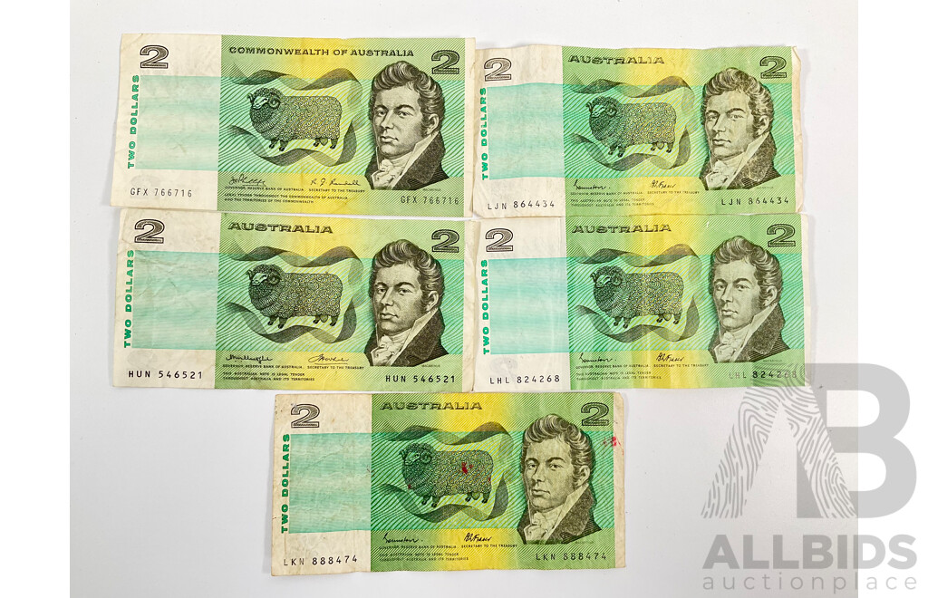 Five Australian Two Dollar Notes Including 1968 Phillips/Randall, 1976 Knight/Wheeler, Three 1985 Johnston/Fraser