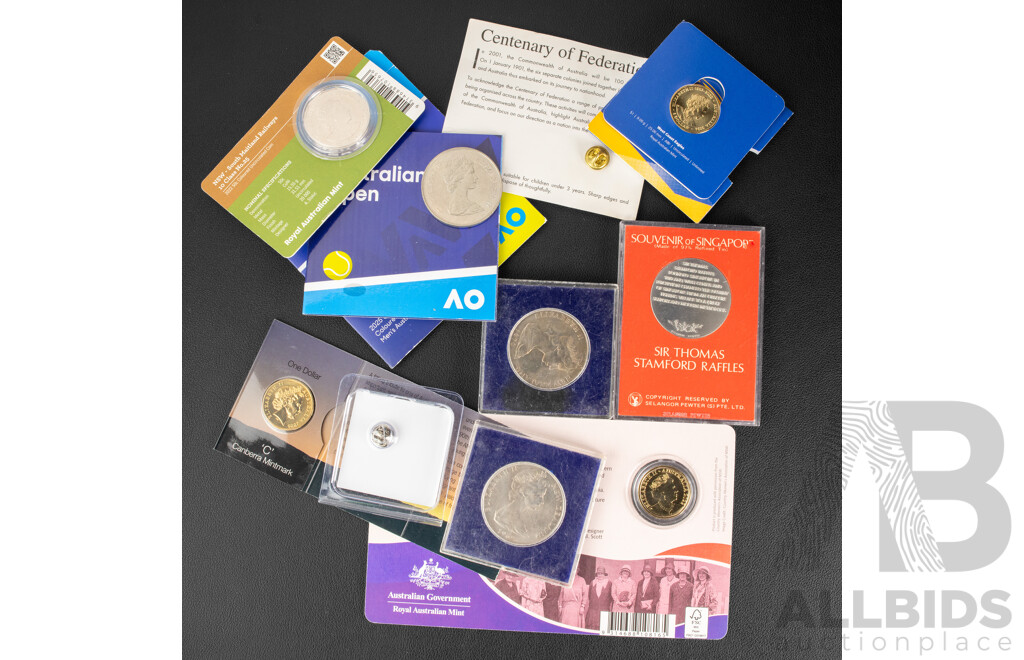 Collection of UNC Coins Including Australian One Dollars 2005 Gallipoli C Mint Mark, 2022 Country Women's Association, 2024 West Coast Eagles, Two Dollars 2025 Australian Open, Fifty Cents Steam Power South Maitland Railways..........