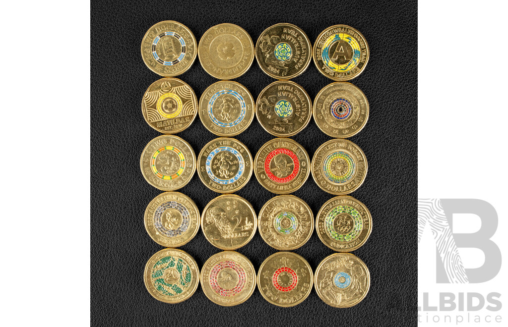 Twenty Australian Commemorative Two Dollar Coins Including 2021 Indigenous Military Service, 2021 Ambulance Service, 2020 Olympics, 2024 Paralympic, 2015, 2017 Lest We Forget, 2021 Wags the Dog, 2022 Socceroos, 2022 Matildas............