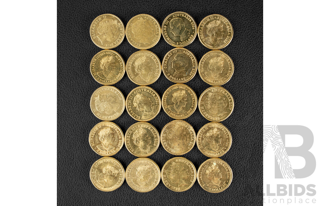 Twenty Australian Commemorative Two Dollar Coins Including 2021 Indigenous Military Service, 2021 Ambulance Service, 2020 Olympics, 2024 Paralympic, 2015, 2017 Lest We Forget, 2021 Wags the Dog, 2022 Socceroos, 2022 Matildas............
