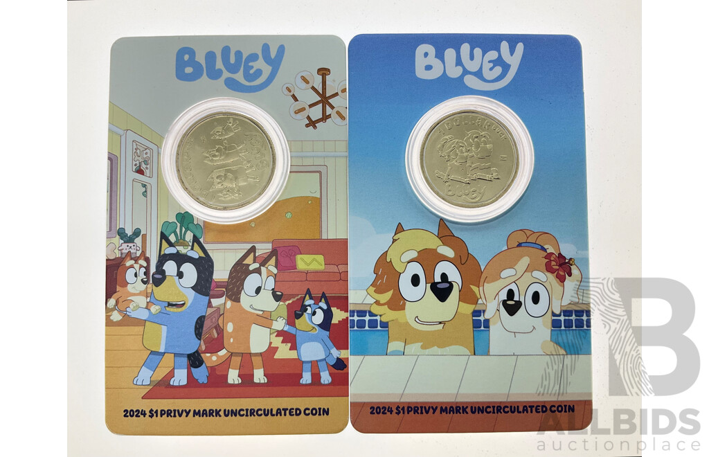 Five Australian RAM 2024 One Dollar Coins, Bluey Dollar Bucks with Privy Marks