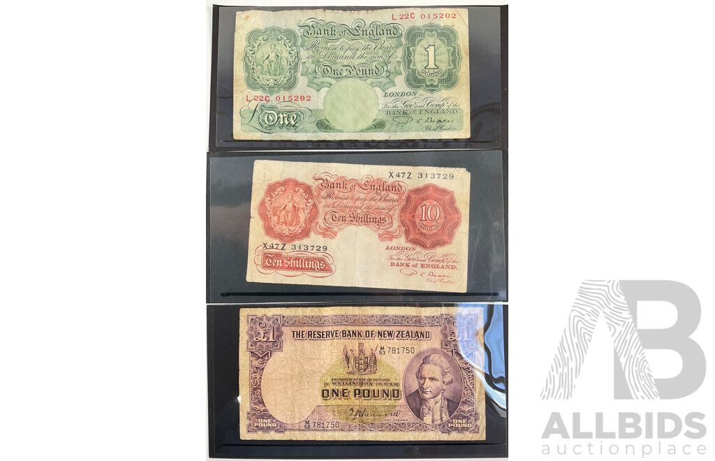 Three Vintage Banknotes Including Two Great Britain, One Pound, Ten Shillings and New Zealand One Pound