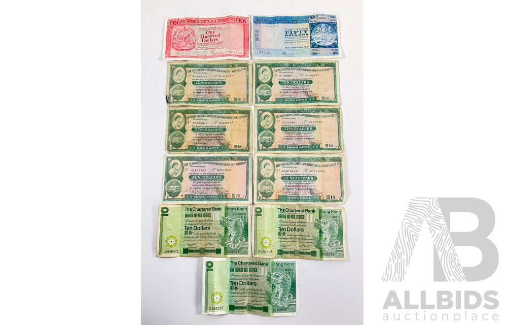 Collection of Hong Kong Banknotes Including 1979 One Hundred Dollars, 1979 Fifty Dollars, Six 1977 Ten Dollars, Three 1980 Ten Dollars