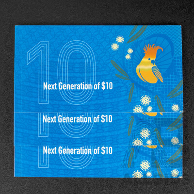 Three Australian 2017 Ten Dollar Next Generation Bank Notes, Lowe/Fraser, Consecutive BB10629755 - BB10629757