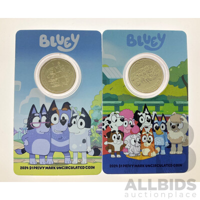Two Australian RAM 2024 Commemorative One Dollar Coins, Bluey and Friends Dollar Bucks, Both Privy Marked