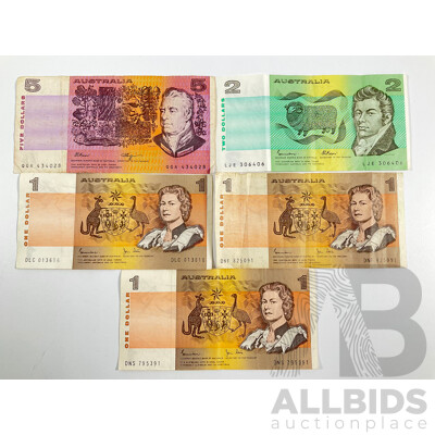 Five Australian Banknotes Including 1990 Five Dollars, Fraser/Higgins, 1985 Two Dollars, Johnston/Fraser, Three 1982 One Dollars Johnston/Stone
