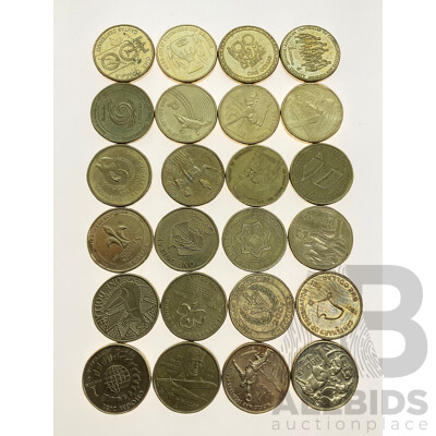 Twenty Three Australian Commemorative One Dollar Coins, No Doubles Including 2020 Qantas, 2001 Federation, 1993 Landcare, 1997 Kingsford Smith, 2010 Girl Guides, 2005 WW2 Peace, 2002 Outback, 1986 Year of Peace, 1988 Aboriginal Kangaroo..........