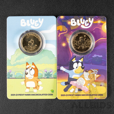 Two Australian RAM 2024 Commemorative One Dollar Coins, Bluey and Friends Dollar Bucks, Both Privy Marked