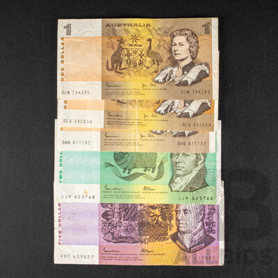 Five Australian Banknotes Including 1985 Five and Two Dollars, Johnston/Fraser, Three 1982 One Dollars Johnston/Stone