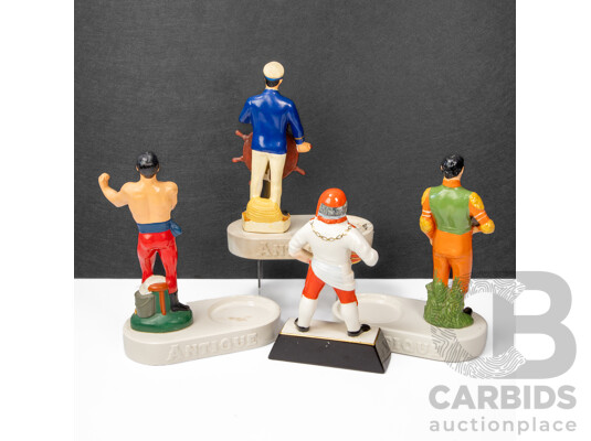 Three Antique Bourbon Ceramic Bottle Stands with Cartonware Pick Flowers Brewmaster Advertising Figure