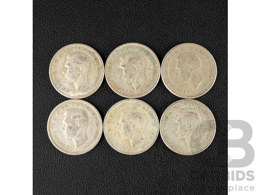 Six Australian 1947 KGVI Silver Florins .500