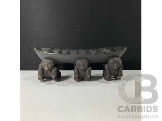 Large Hand-Carved African Figural Mancala Game Board, Supported by Six Carved Human Figures