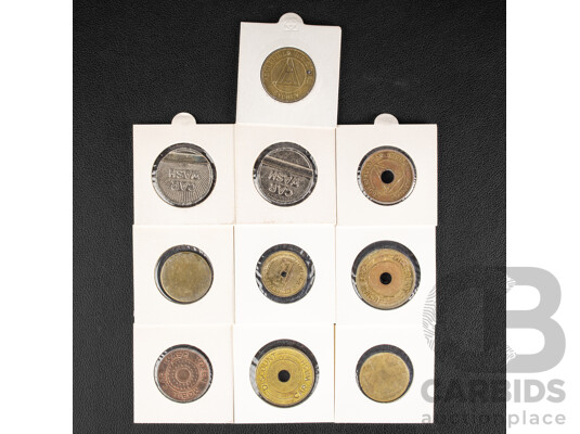 Ten Australian Vintage Car Wash Tokens Including Shell Wash, Mobile Wash, Caltex Wash, Amoco Wash, BP Clean & Go, Car Lovers, Two Ryko Wash, Two Rub-A-Dub