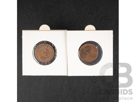 Two Netherlands 1700's Copper Duits with Treasure of Galle Fort Taj Mahal Sunken Treasure Certificates of Authenticity