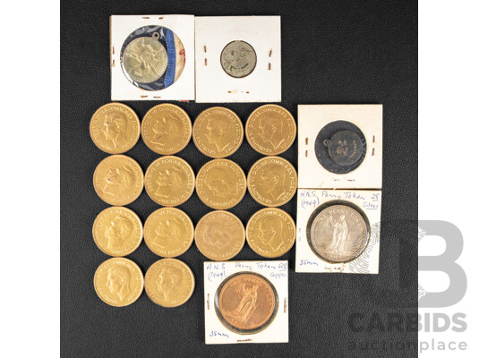 Two Australian Numismatic Society Centenary 1849-1949 One Penny Token, Two Angus & Coote Australian 1941 Jacks Day Charity Two Shilling Pendants, 1945 WW2 Victory Medal