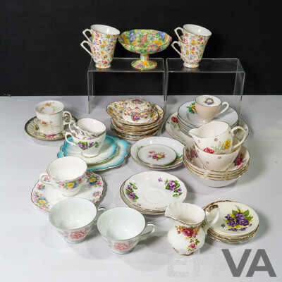 Collection of Vintage Floral Porcelain Tea Cups, Saucers, Plates Pin Dish and Comport Including Melba, Foley, Royal Vale, Royal Albert, Royal Minton, Noritake, Viola