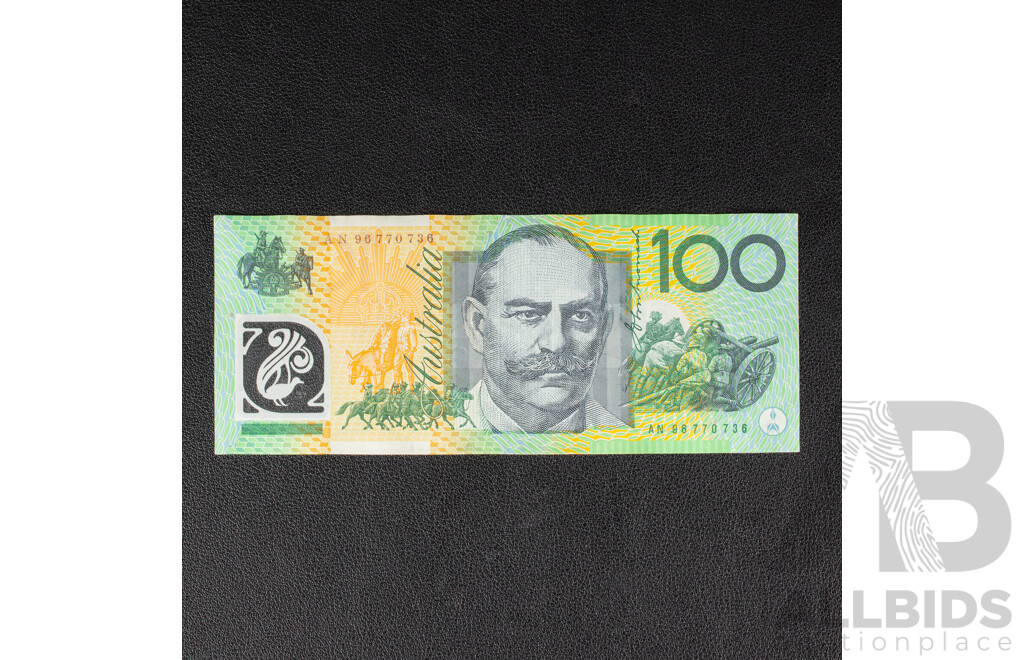 Australian 1996 One Hundred Dollar Note, Fraser/Evans R616TF First Prefix Test Note, AN 96770736