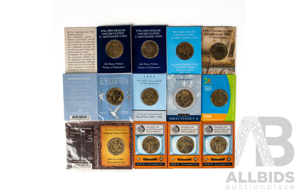 Collection of Australian Commemorative Mint Marked One Dollar Coins Including Two 1996 Sir Henry Parkes C and S Mint Marks, Three 2006 Fifty Years of Television M, S, B, Commonwealth Games M, 1998 Howard Florey S