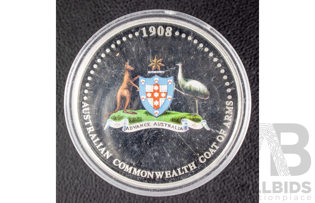 Australian Perth Mint 2008 Silver Proof Coloured One Dollar Coin, Coat of Arms, P Mint Mark .999