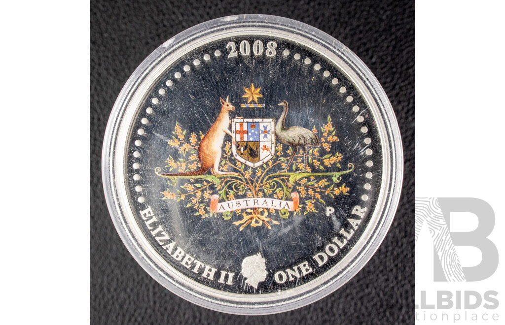 Australian Perth Mint 2008 Silver Proof Coloured One Dollar Coin, Coat of Arms, P Mint Mark .999