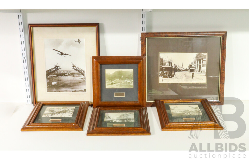 Six Timber Framed Pictures Depicting Early Sydney and Surrounds Including Sydney Harbor Bridge Construction, 1905 Darling Street Balmain, 1887 Blue Mountains Coaching Inn, Victoria Markets, George Street 1890