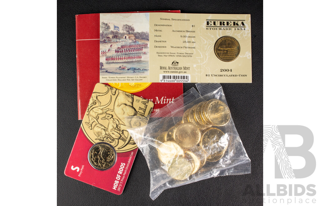 Twenty Australian 2025 UNC One Dollar Coins, Aussie Big Things Series Two, 2017 One Dollar, Mob of Roos S Privy Mark, 1984 One Dollar, First Year Issue, 2004 One Dollar, Eureka E Mint Mark